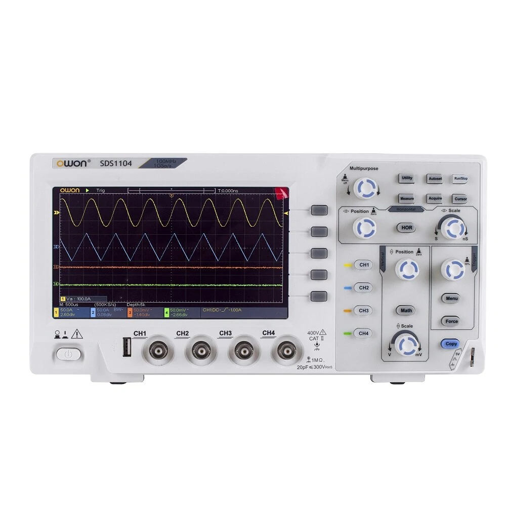 OWON SDS1104 Oscilloscope 100MHz Bandwidth 4-Channels 1GS/s Sample Rate 7 Inch High Resolution LCD for Electronic Circuit Debugging and Testing (image for) OWON SDS1104 Oscilloscope 100MHz Bandwidth 4-Channels 1GS/s Sample Rate 7 Inch High Resolution LCD for Electronic Circuit Debugging and Testing